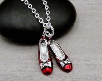 Ruby Red Slippers Necklace, Silver and Red Shoes Charm Necklace, Red Slippers Charm, Red Shoe Necklace, Ruby Slippers Jewelry
