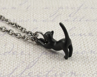 Black Cat Necklace, Gunmetal Black Cat Charm on a Black Gunmetal Chain