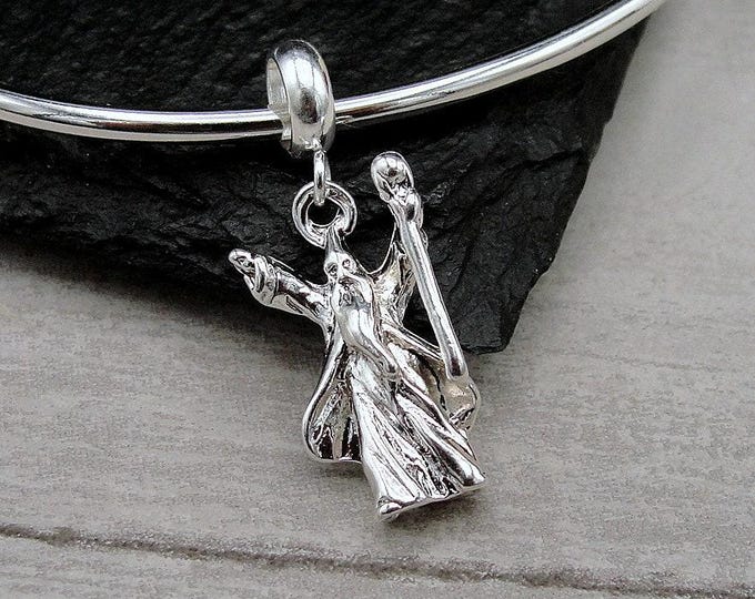 Wizard European Charm, Silver Wizard Dangle Charm, Wizard Charm with Bail, Sorcerer Charm, Snake Bracelet Charm, Large Hole Bead
