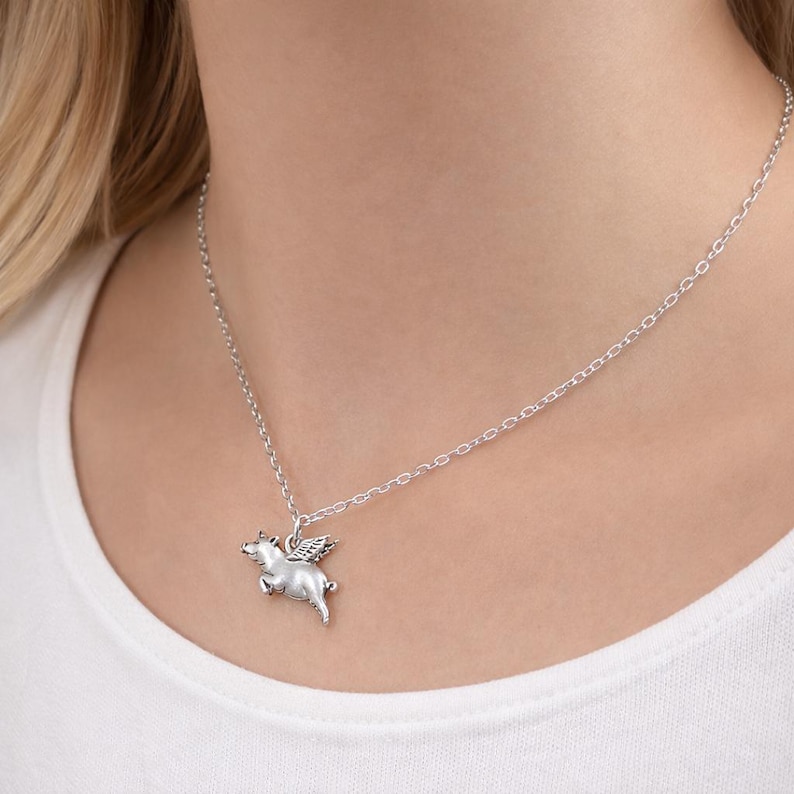 Flying Pig Necklace, Silver Flying Pig with Wings Charm Neckalce, Flying Pig Pendant, When Pigs Fly Charm Necklace, Pig Charm, Pig Gift image 2