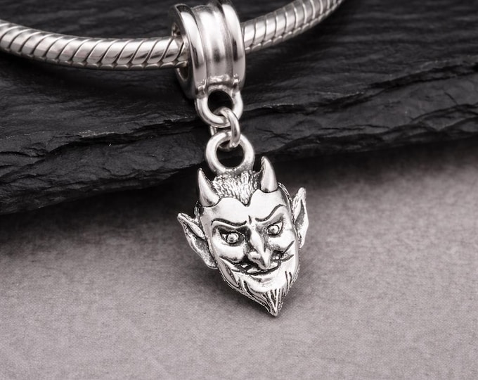 Devil European Charm, Silver Devil Face Dangle Charm, Satan Charm with Bail, Halloween Dangle Charm, Halloween Large Hole Bead