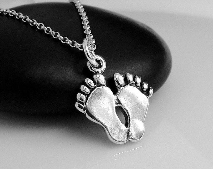 Sterling Silver Feet Necklace, Footprints Charm Necklace, Baby Feet Necklace, Barefoot Charm Necklace, Baby Shower Gift, Newborn Gift