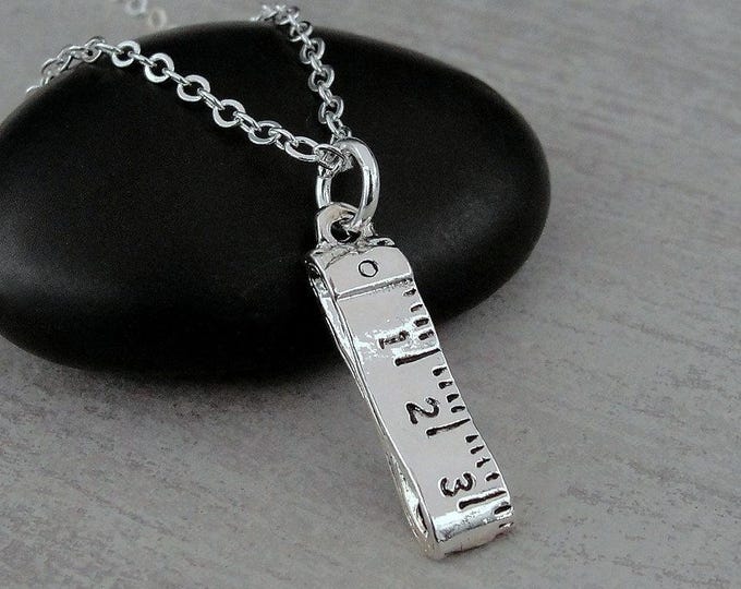 Measuring Tape Necklace, Silver Plated Tape Measure Charm Necklace, Sewing Charm Necklace, Quilting Charm, Gift for Quilter or Seamstress