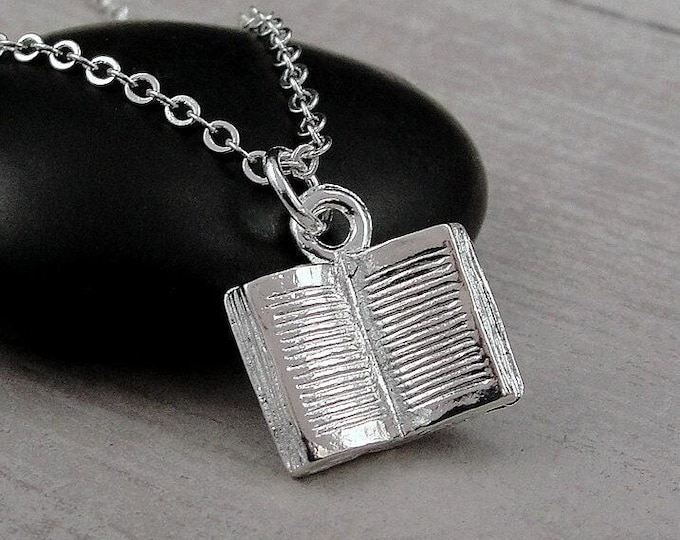 Open Book Necklace, Silver Plated 3D Book Charm Necklace, Author Necklace, Writer Necklace, Book Lover Necklace, Librarian Necklace