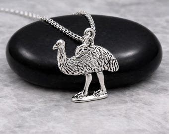 Silver Emu Necklace, Ostrich Charm, Australian Bird Pendant, Farm Animal Jewelry