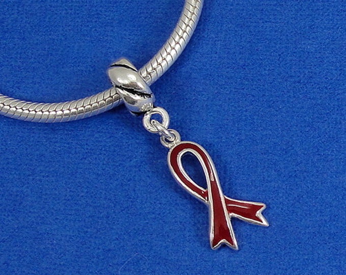 Red Awareness Ribbon European Dangle Bead Charm - Sterling Silver and Red Awareness Ribbon Charm for European Bracelet