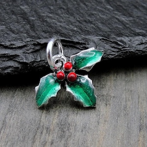 Holly Berries Charm, Silver Christmas Charm, Holly Berry Charm, Mistletoe Charm, Green and Red Holly Berries Pendant, Christmas Jewelry image 1