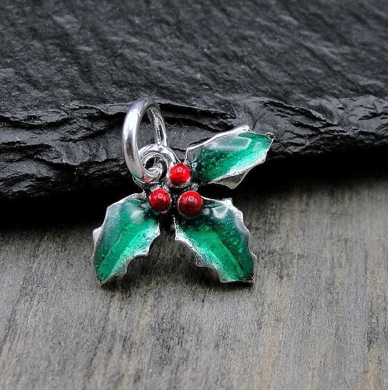 Holly Berries Charm, Silver Christmas Charm, Holly Berry Charm, Mistletoe Charm, Green and Red Holly Berries Pendant, Christmas Jewelry image 1