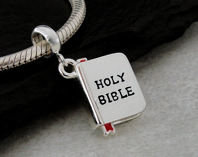 Holy Bible European Dangle Bead Charm, Silver Bible Charm, 3D Bible Charm, Bible Charm with Bail, First Communion Gift, Religious GIft Charm