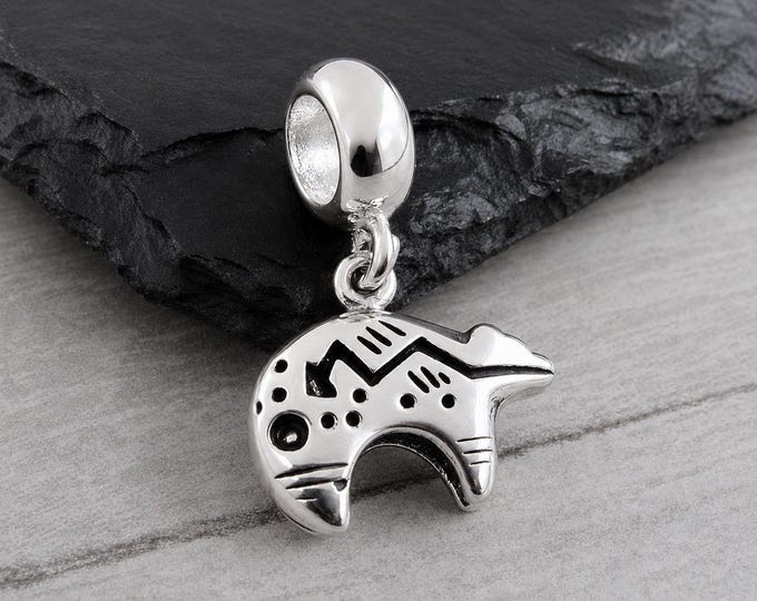 Sterling Silver Heartline Bear European Charm, Double-Sided Zuni Bear Dangle Charm, Southwestern Bear Pendant, Large Hole Bead Bail