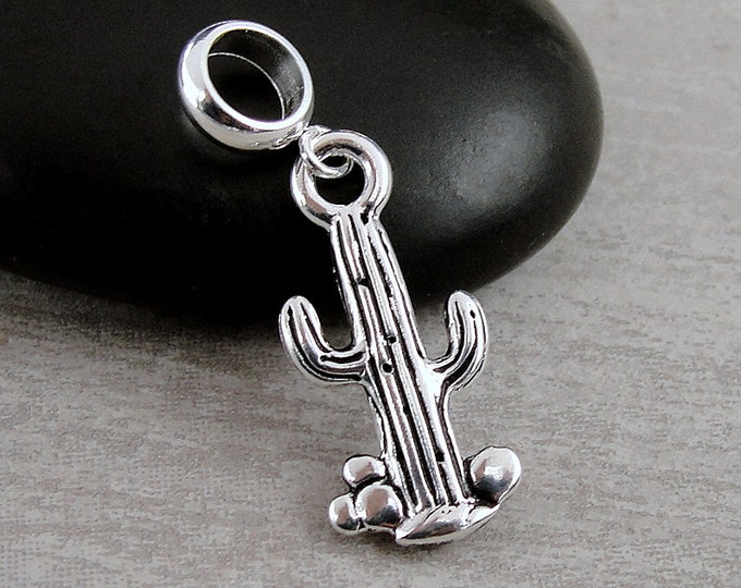 Cactus European Charm, Silver Cactus Dangle Charm, Cactus Charm with Bail, Succulent Charm, Snake Bracelet Charm, Large Hole Bead