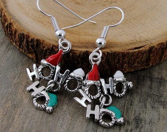 Christmas Ho Ho Ho Earrings, Silver Plated Christmas Dangle Drop Earrings, Christmas Earrings, HoHoHo Earrings, Santa Claus Earrings