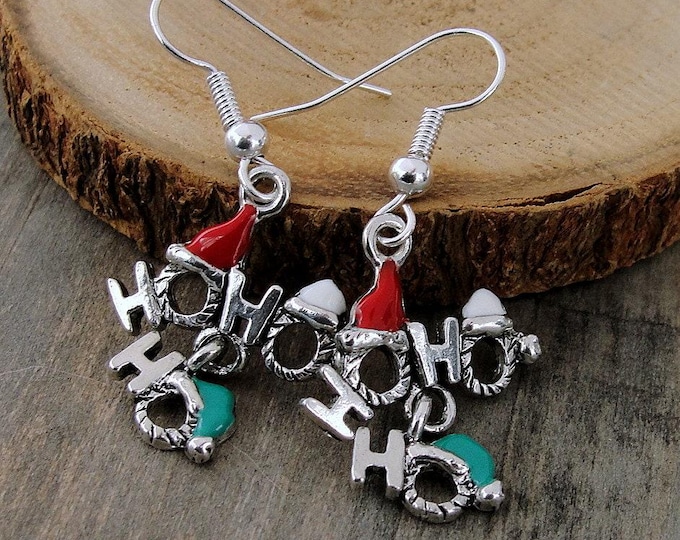 Christmas Ho Ho Ho Earrings, Silver Plated Christmas Dangle Drop Earrings, Christmas Earrings, HoHoHo Earrings, Santa Claus Earrings