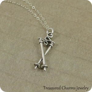 Ski Poles Necklace, Sterling Silver Ski Poles Charm on a Silver Cable Chain