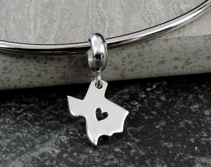 Texas Heart European Charm, Sterling Silver State of Texas Dangle Charm, Texas State Charm with Bail, Snake Bracelet Charm, Large Hole Bead