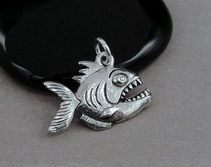 Piranha Charm, Silver Plated Piranha Pendant for Necklace or Bracelet, Fish Charm, Predator Charm, Piranha Gift, Piranha Jewelry