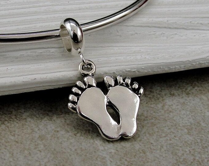 Feet European Charm, Sterling Silver Footprints Dangle Charm, Baby Feet Charm, Snake Bracelet Charm, Large Hole Bead, Baby Shower Gift