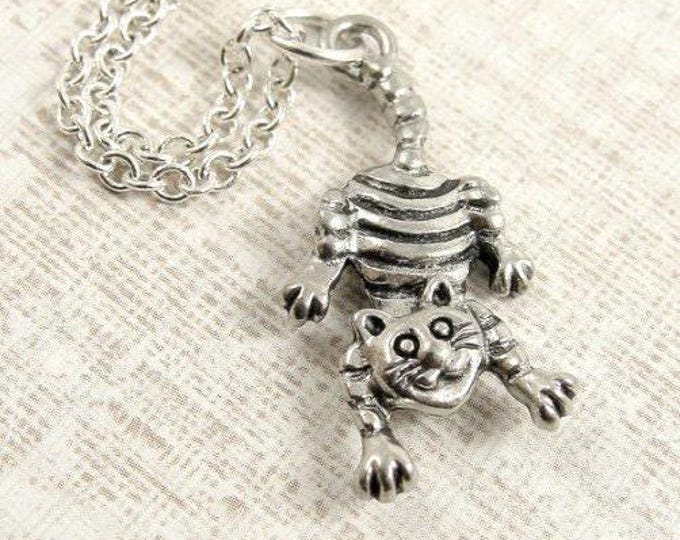 Striped Cheshire Cat Necklace, Silver Plated Cheshire Cat Charm on a Silver Cable Chain