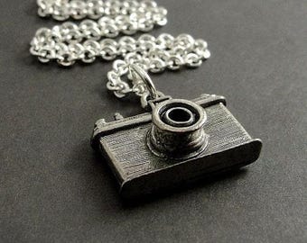 Camera Necklace, Silver Plated Camera Charm on a Silver Cable Chain