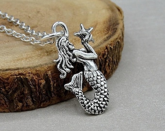 Silver Mermaid Necklace, Mermaid Charm, Mermaid Pendant, Ocean Beach Starfish Necklace, Girls Mermaid Jewelry, Mermaid Gift