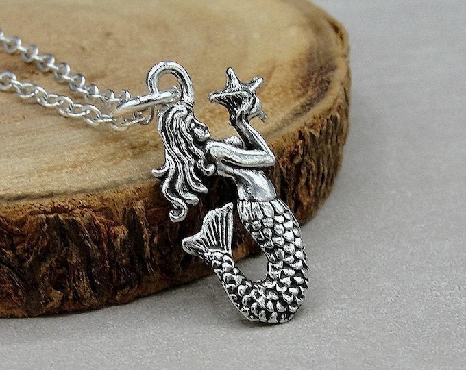 Silver Mermaid Necklace, Mermaid Charm, Mermaid Pendant, Ocean Beach Starfish Necklace, Girls Mermaid Jewelry, Mermaid Gift