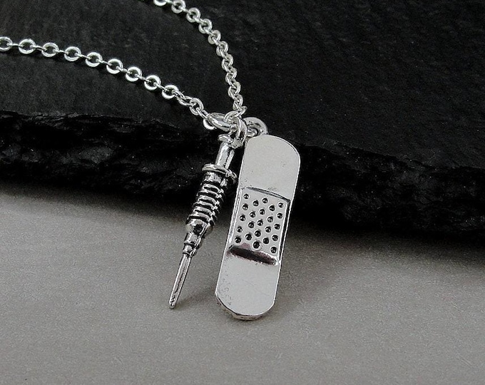 Silver COVID-19 Vaccine Necklace, Bandage and Syringe Charm Necklace, Vaxxed Necklace, COVID Vaccine Charm Jewelry, Pro-Vaccination Charm