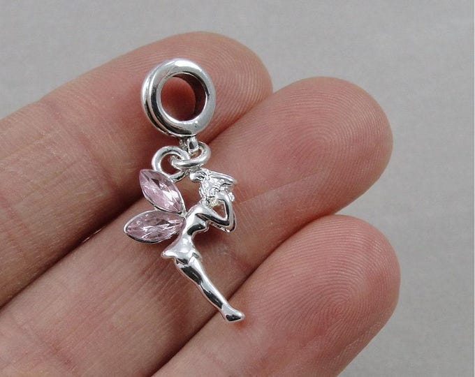 Pink Fairy European Charm, Silver Fairy Dangle Charm, Fairy Charm with Bail, Pixie Charm, Snake Bracelet Charm, Large Hole Bead, Fairy Gift