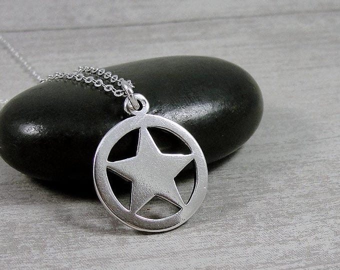 Sterling Silver Texas Star Necklace, Sheriff Badge Necklace, Texas Star Outline Charm, Texas Star Cutout Pendant Jewelry