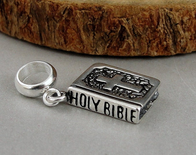 Holy Bible European Charm, Sterling Silver Bible Dangle Charm, 3D Bible Charm with Bail, Snake Bracelet Charm, Large Hole Bead