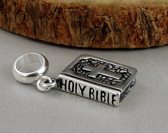 Holy Bible European Charm, Sterling Silver Bible Dangle Charm, 3D Bible Charm with Bail, Snake Bracelet Charm, Large Hole Bead