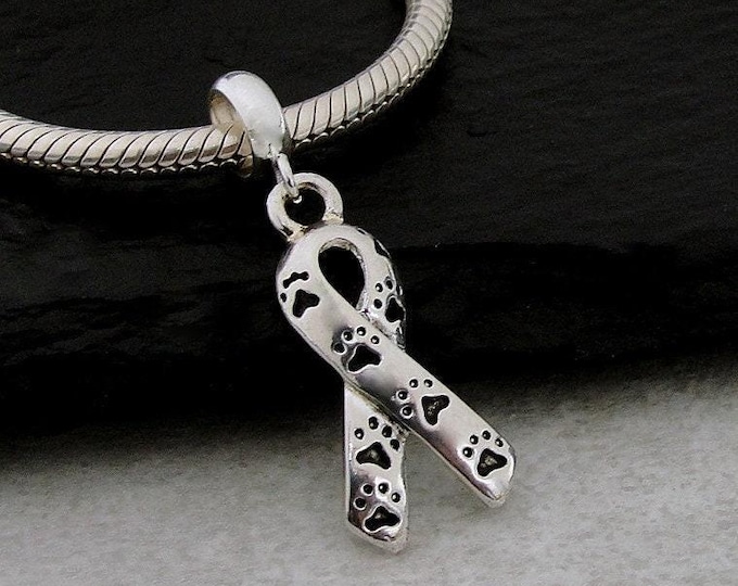 Pet Awareness Ribbon European Charm, Silver Awareness Ribbon with Paw Prints Charm, Animal Lover Charm, Pet Lover Charm, Pet Memorial Charm