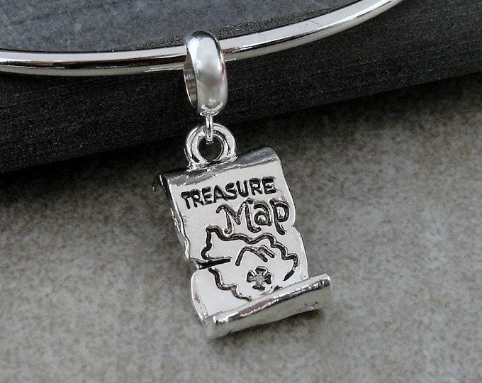 Treasure Map European Charm, Silver Treasure Map Dangle Charm, Buried Treasure Charm with Bail, Treasure Hunter Charm, Snake Bracelet Charm