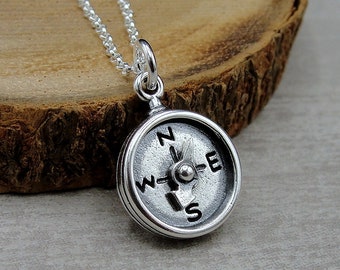 925 Sterling Silver Compass Necklace, Compass Charm, Graduation Necklace, Hiking Necklace, Camping Necklace, Nautical Necklace