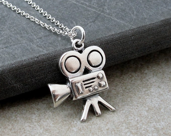 Movie Camera Necklace, 925 Sterling Silver Movie Camera Charm Necklace, Movie Producer Necklace, Hollywood Charm, Film Producer Charm