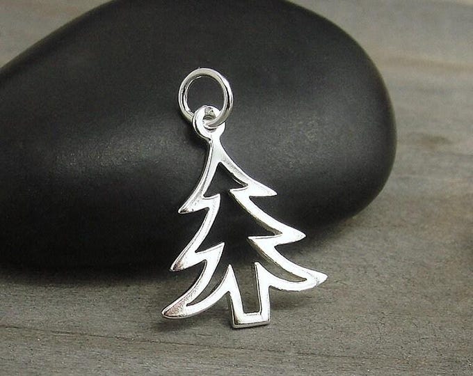 Christmas Tree Charm, 925 Sterling Silver Cutout Pine Tree Charm for Necklace or Bracelet, Christmas Tree Outline Pendant, Christmas Jewelry