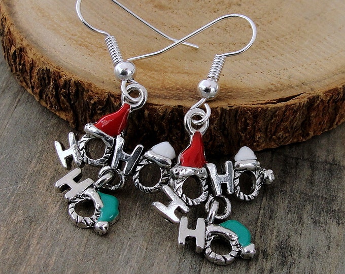 Christmas Ho Ho Ho Earrings, Silver Plated Christmas Dangle Drop Earrings, Christmas Earrings, HoHoHo Earrings, Santa Claus Earrings
