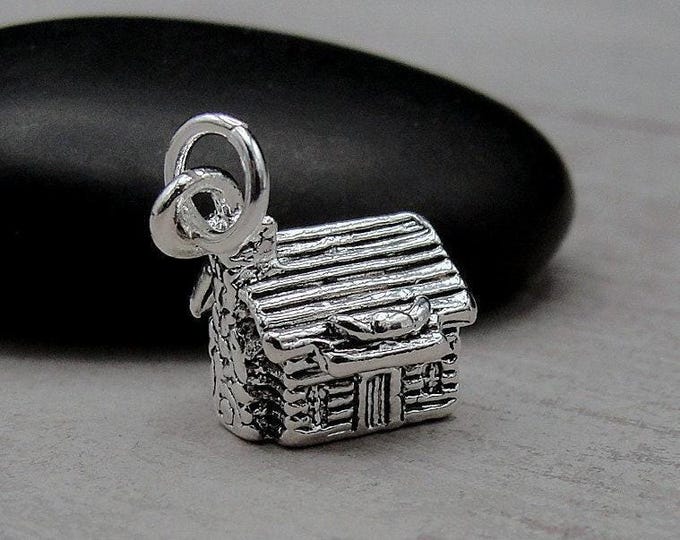 Log Cabin Charm, Silver Rustic Cottage Charm for Necklace or Bracelet, Country Charm, 3D Log Cabin Pendant, Chalet Charm, Camping Charm