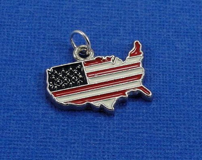 USA Shaped Flag Charm - Silver Plated United States Flag Charm for Necklace or Bracelet