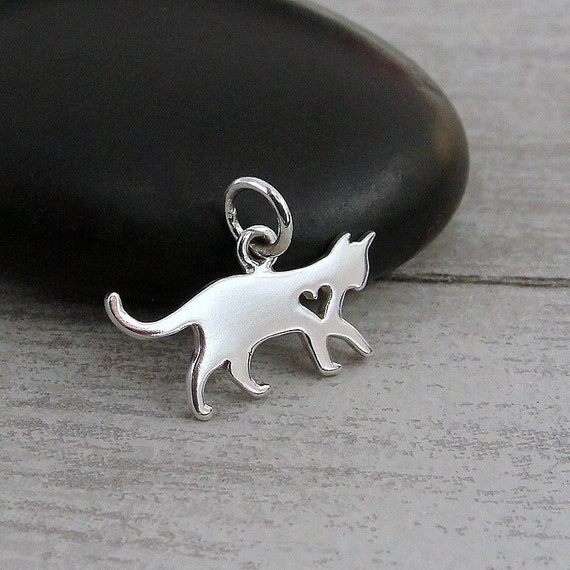 Sterling Silver Cat Charm with Heart Cutout - Pet Charm