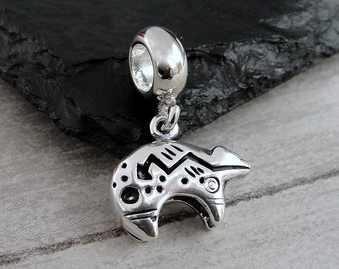 Heartline Bear European Charm, Sterling Silver Zuni Bear Dangle Charm, Heartline Bear Charm with Bail, Snake Bracelet Charm, Large Hole Bead