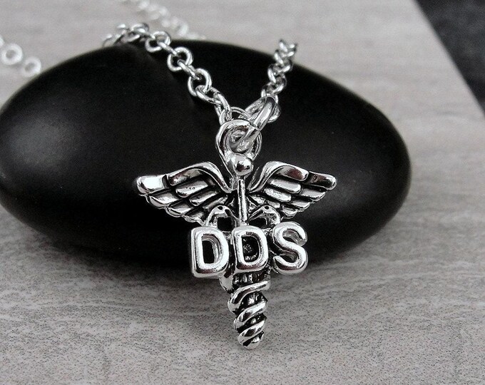 DDS Caduceus Necklace, Silver Plated DDS Dentist Charm Necklace, Dentist Necklace, Dental Charm, Dentist Gift, Dental School Graduation Gift