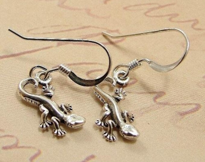 Tiny Gecko Lizard Earrings, Sterling Silver