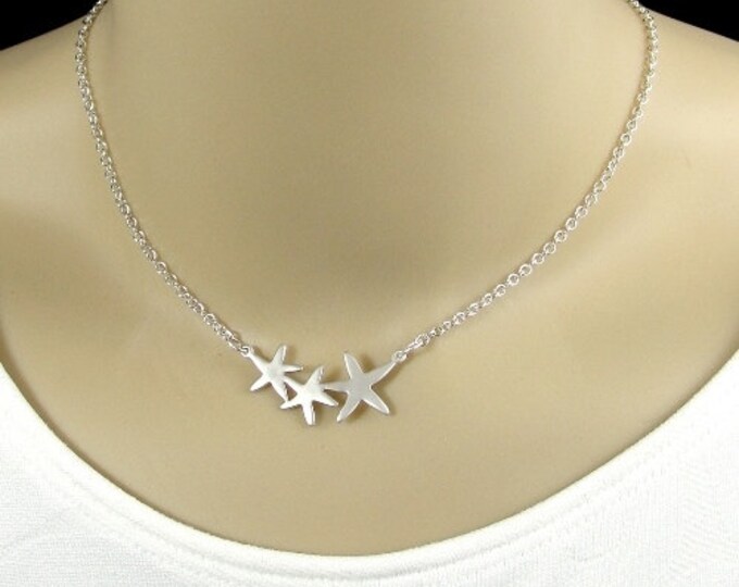 Starfish Necklace, Silver Trio of Starfish Charm on a Silver Cable Chain