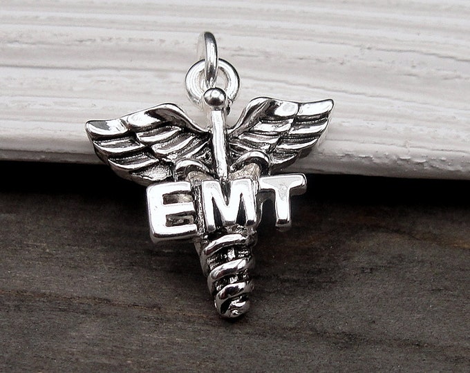 Silver EMT Symbol Charm, EMT Caduceus Charm, Paramedic Charm, Emergency Medical Technician Charm, EMT Gift, Paramedic Gift Jewelry