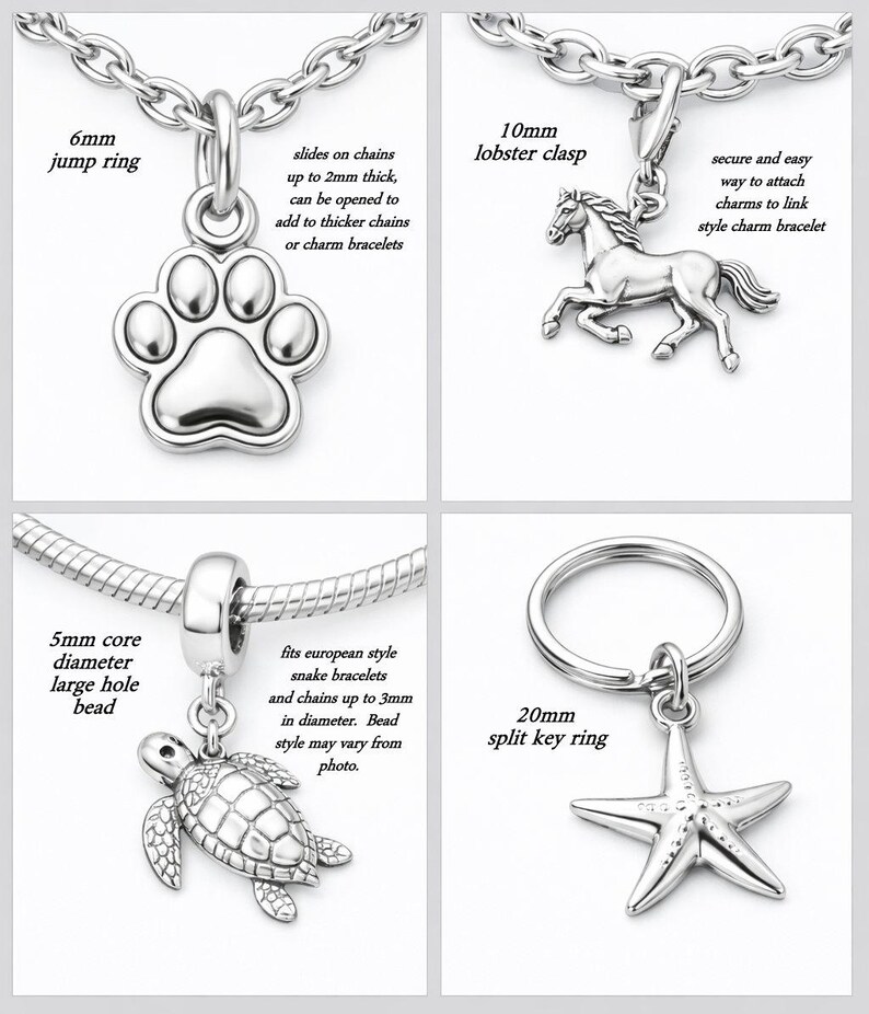 The image is a collage of four different charms, each with unique designs and sizes. The charms include a jump ring, a lobster clasp, a turtle, and a starfish.