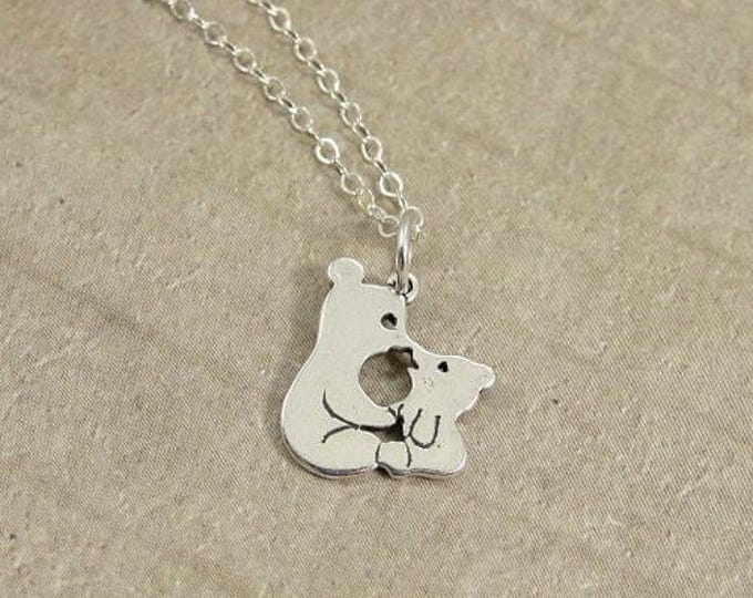 Kissing Bears Necklace, Sterling Silver Mama and Baby Bear Charm on a Silver Cable Chain