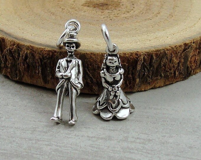 925 Sterling Silver Skeleton Bride and Groom Charm, Skeleton Bride Charm, Skeleton Groom Charm, Halloween Wedding, Halloween Jewelry