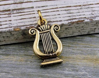 Lyre Charm, Gold Musical Lyre Charm for Necklace or Bracelet, Harp Charm, Greek Lyre Charm, Sorority Charm, Sorority Gift, Greek Music Charm