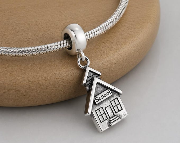 Sterling Silver Schoolhouse European Dangle Charm, School House Pendant, Large Hole Bead Bail, Teacher Gift, Back to School Jewelry
