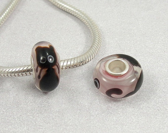 Black Cat Large Hole Lampwork Glass Bead - 925 Sterling Silver European Bead Charm